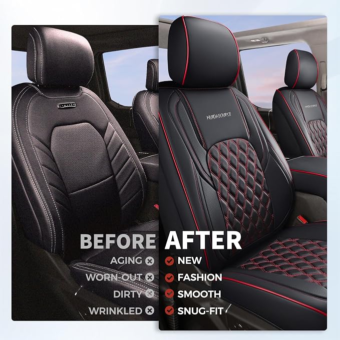 Huidasource 2007-2017 Wrangler JK Seat Covers 4 Door (Full Set/Black&Red) | Waterproof Leather Custom Seat Cover, Front&Rear Seat Cushion Protector Fit for Jeep Wrangler JK 4-Door Sahara Sport Rubicon - Image 8