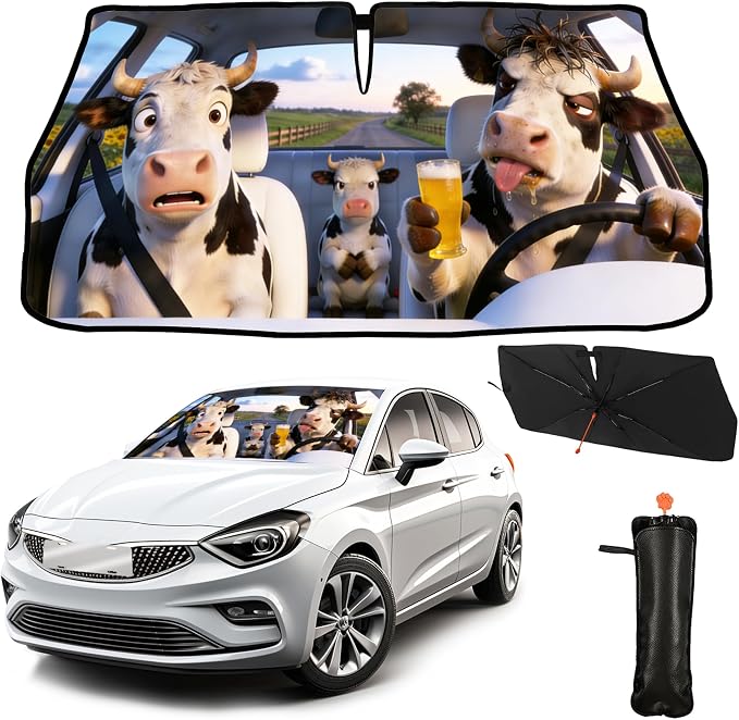 CHILL·TEK Funny Car Windshield Sun Shade Umbrella, Funny Cow Car Sun Shade Umbrella, Block UV Rays Heat Foldable Windshield Umbrella Sun Visor Protector - Keep Vehicle Cool for Cars SUV by CHILL%C2%B7TEK