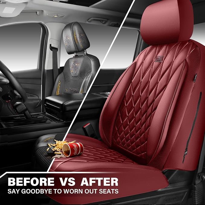 CAR PASS Piping Luxury Faux PU Leather Two Front Car Seat Covers, Waterproof Anti Slip Premium Automotive Seat Covers,Universal Fit for Suvs,Vans,Trucks, Armrest Airbag Compatible, Burgundy Red - Image 5