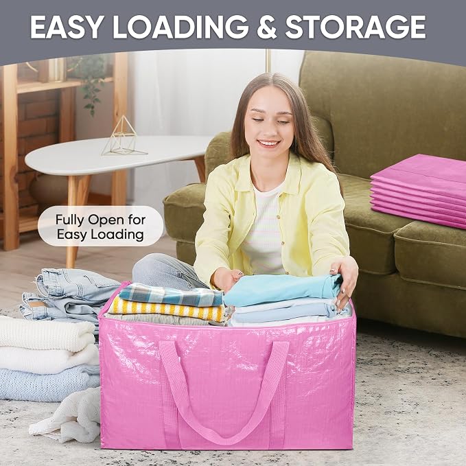 TICONN 4 Pack Extra Large Moving Bags Heavy Duty with Zippers & Carrying Handles, Durable Storage Bags Moving Boxes for Closet Organizers and Storage (4 Pack, Pink) - Image 6