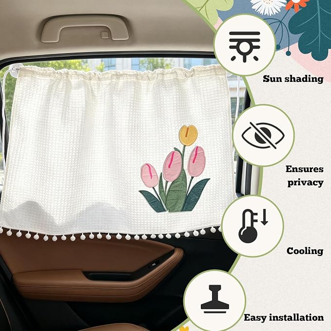 Car Side Window Sun Shade Privacy Curtain for Baby, 25.2"x18.1" Cute Blackout UV Protection Car Window Shades with Suction Cup for Back Seat, Auto Camping Windows Screen Shades (One Big Tulip) - Image 5
