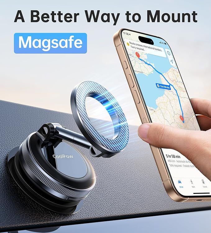 Coolpow【Newest Vacuum Magnetic Phone Holder for Car Phone Holder Mount【Movable Vacuum Suction】Magsafe Car Mount Cell Phone Holders for Your Car Accessories for Women Men for iPhone 17 16-Carbon Fiber - Image 11
