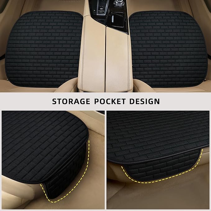 Black Linen Car Seat Covers Front Seats 2 Pcs Seat Covers for Car Truck SUV | Front Seat Covers with Storage Pocket, Bottom Auto Seat Cushion Pad Mat for Most Vehicles - Image 3