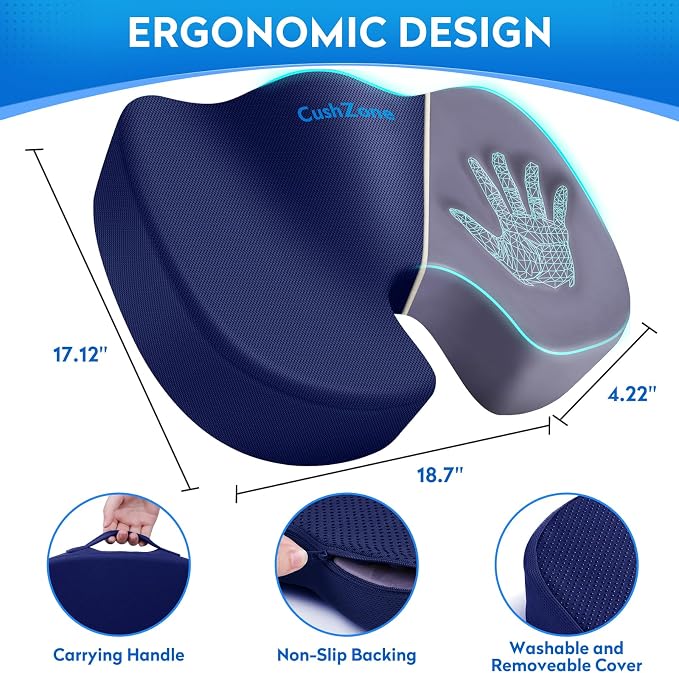 CushZone XXL Memory Foam Seat Cushion for Office & Car, Blue | U-shaped Coccyx Cutout, Contoured Design, Breathable Removable Mesh Cover, Non-Slip Base, Carry Handle - Image 4