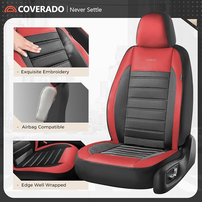 Coverado Car Seat Covers Full Set, Luxury Leather Car Seat Covers, Automotive Front and Rear Mesh Seat Covers, Full Set 5 Seats, Black Red Seat Covers for SUV Sedan Truck - Image 6