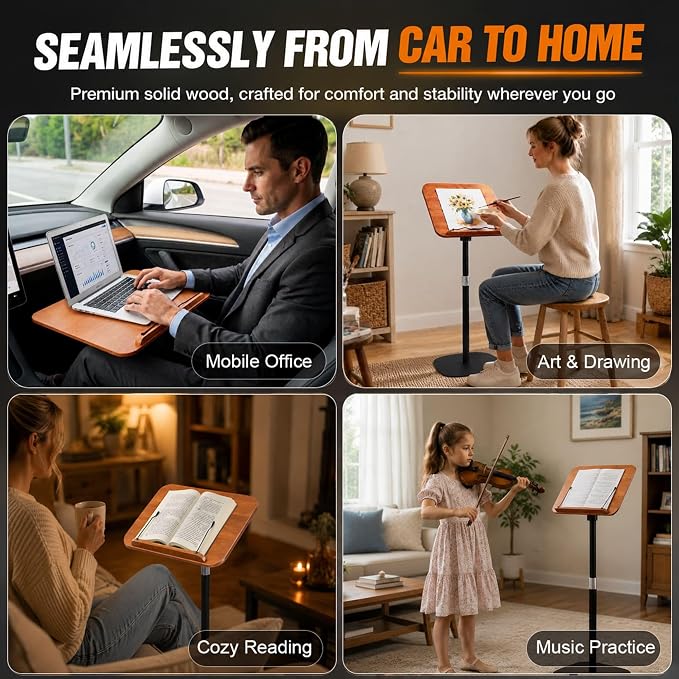 Adjustable Car Desk for RV with Solid Wood Tabletop, Tilt & 360° Swivel Mobile Office Workstation, Height Adjustable Camper Desk for Motorhome, SUV, Home Office, Reading and Travel - Image 6