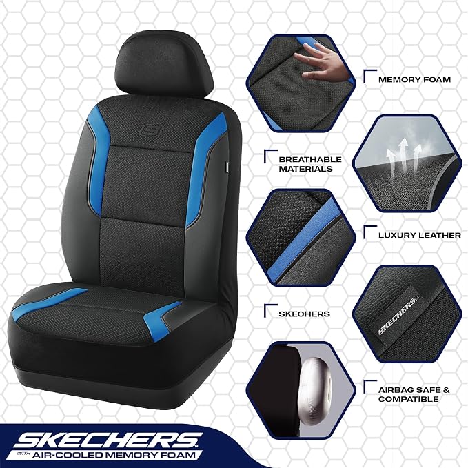 Skechers Memory Foam Car Seat Covers, Air Cool Mesh Thick Seat Covers,Car Seat Covers Front Seats Airbag Compatible, Automotive Comfort & Protection for Most Cars, Vans,Trucks, SUVs,Blue - Image 3