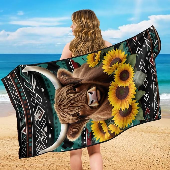 Aztec Highland Cow Sunflower Car Seat Towel Cover After Gym Sweat Automotive Front Seat Cover with Storage Bag Aztec Tribal Car Interior Accessories Universal Fit Beach Towel Yoga Mat Towels - Image 5