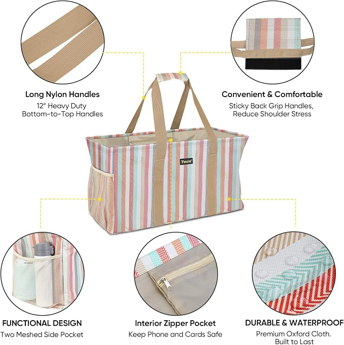 BALEINE Extra Large Utility Tote Bag with Reinforced Wire Frame, Reusable Grocery Bag for Shopping, Picnic (Color Stripe, 22''x12''x10'') - Image 4