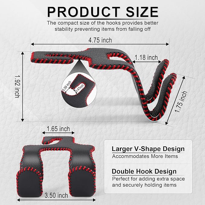 LivTee Upgraded Superior Leather Car Seat Back Headrest Hook, 2 in 1 Auto Seat Hook Hangers Holder Organization Interior Accessories for Purses Coats Umbrellas Grocery Bags Handbag (Black/Red) - Image 3