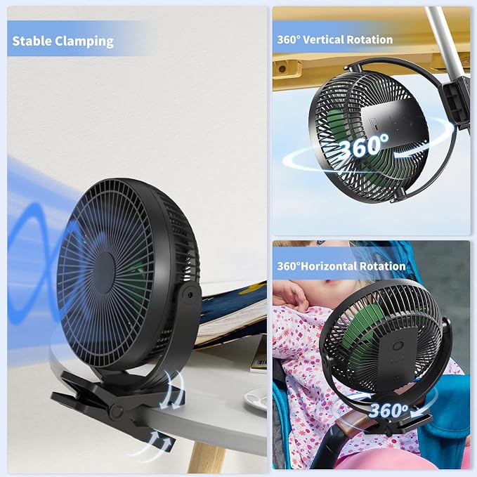 Clip on Fan, Rechargeable Portable Fan, 8 Inch Small Desk Fan - 10000mAh Battery Powered Fan with 4 Speed, 360° Rotation Personal Fan Suitable for Golf Cart, Bedroom, Travel and Camping (Green) - Image 5