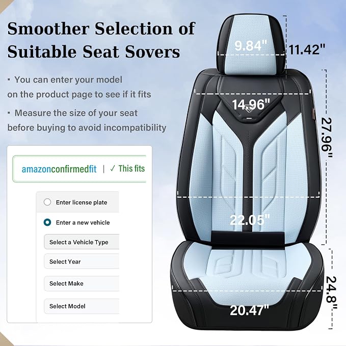 Coverado Seat Covers, Car Seat Covers Front Seats, Leather Seat Covers for Cars, Automotive Seat Covers Car Seat Protector Car Seat Cushion Universal Fit for Most Sedans SUV Truck(Black&Light Blue) - Image 7