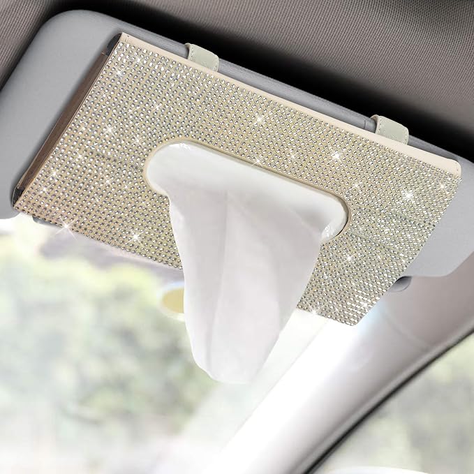 Bling Car Sun Visor Tissue Box Holder, Visor Accessories, Rhinestone PU Leather Crystal Sparkling Napkin Holder, Auto Sun Visor Paper Towel Cover Case Accessories for Most Cars (Beige+White) by Unknown