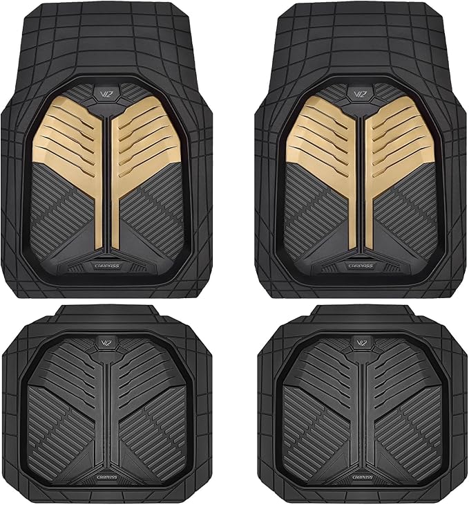CAR PASS Heavy Duty Rubber Car Mats, Deep Dish Car Floor Mats All Weather, Car Mats Full Set 4-Piece Trim to Fit for Sedans SUVs Trucks, Waterproof Anti-Slip Automotive Mats, V12 Black Champagne Gold by CARPASS