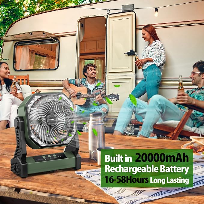 20000mAh Battery Powered Camping Fan, 58Hrs Rechargeable Portable Fan, 400LM Light, 360° Hook, Whisper Quiet Battery Operated Fan for Outdoor Car Travel Gear Essentials Power Outages Co-brand AMACOOL - Image 2