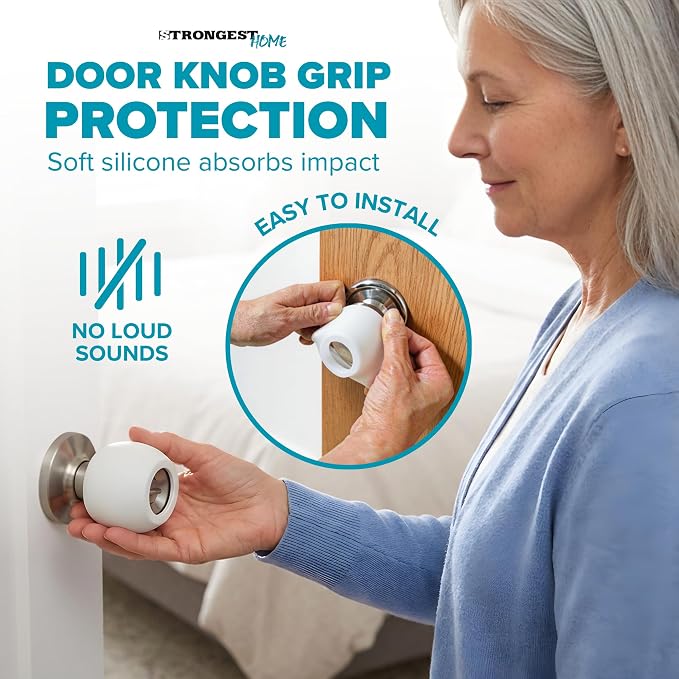 STRONGEST HOME White Silicone Door Knob Cover & Wall Protector – Soft Rubber Handle Grip for Arthritis Support and Quiet Damage Prevention (4 Pack) - Image 3