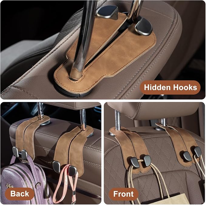 CoBak Purse Hook for Car - Universal Premium Stitched Leather and Aluminum-Magnesium Alloy Double Car Seat Back Storage Hook for Purses, Handbags, Bags (4 Pack),Brown - Image 6