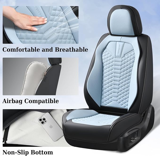 Coverado Seat Covers, Leather Seat Covers for Front Seats, Black and Blue Car Seat Covers, Waterproof Car Seat Protectors, Auto Seat Cushion, Front Driver Seat Cover Universal Fit Most Cars SUV - Image 3