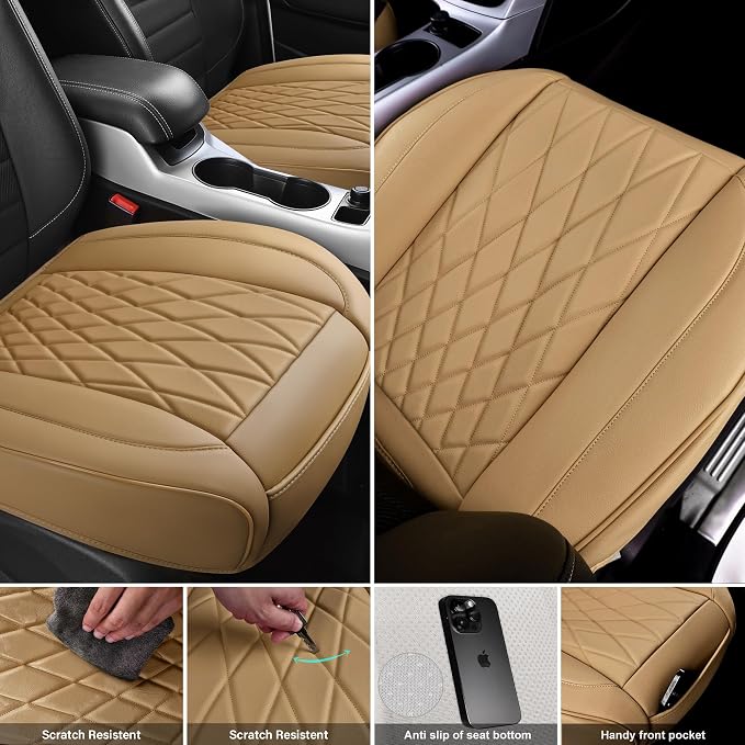 CAR PASS 2 Pack Front Car Seat Covers, Bottom Seat Covers Full Wrapped with Storage Pocket, Anti Slip Car Seat Protectors, Waterproof Seat Cushion Pad Universal Fit Sedan SUV Truck, Dark Beige - Image 3