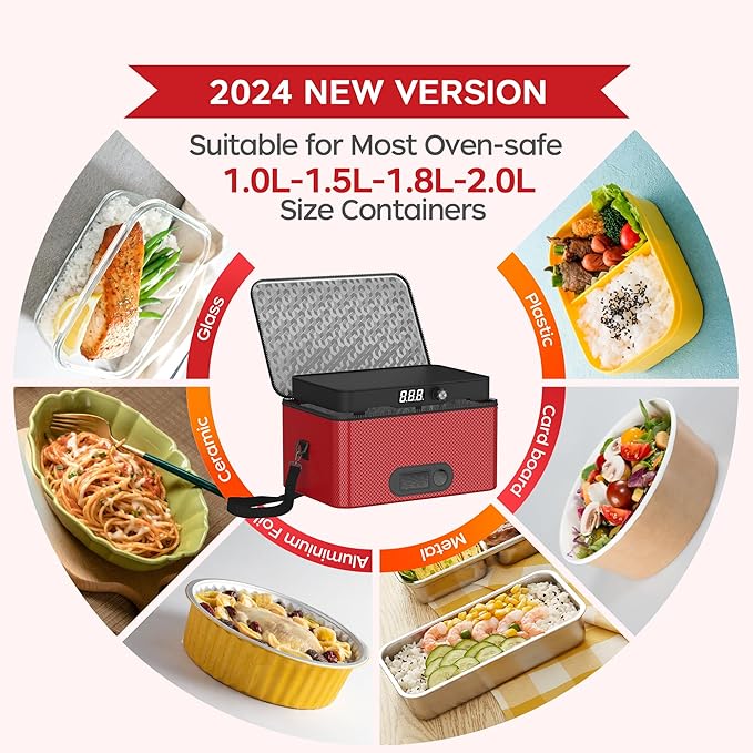 Portable Oven, 12V 24V 110V-240V Car Food Warmer Portable Personal Mini Oven Electric Heated Lunch Box for Meals Reheating & Raw Food Cooking for Road Trip/Camping/Picnic/Family Gathering(Red) - Image 4