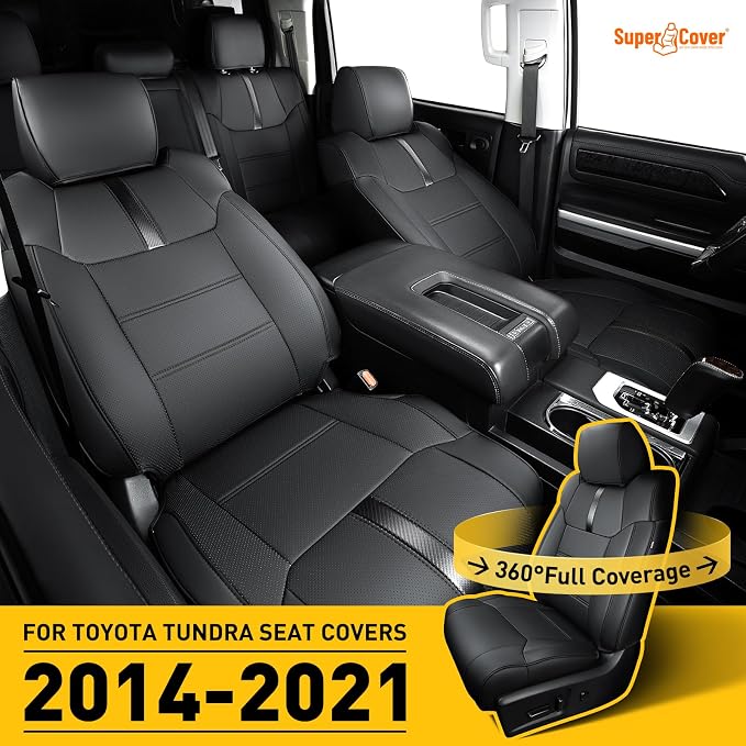 Super Cover for Toyota Tundra Seat Covers 2014-2021 (CrewMax only), Full Covered Leather Seat Protectors for Tundra 2021 2020 2019 2018 2017 2016 2015 2014 Truck Car Accessories with Carbon Fiber - Image 4