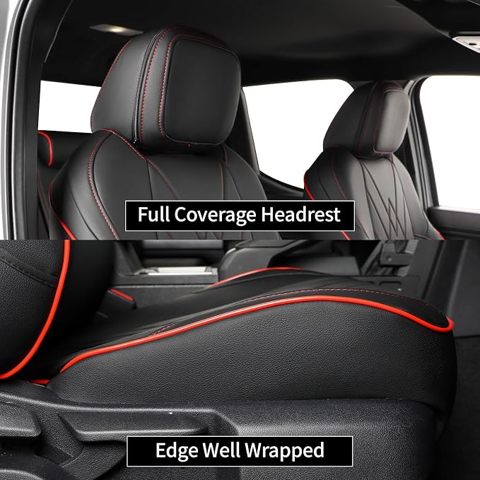 EKR Tacoma Car Seat Covers Custom for Toyota Tacoma (Only for Hybrid) 2024 2025 2026 Double cab TRD Sport,TRD Off-Road,Limited,Trailhunter - Full Set,Leather(Black with Red Trim) - Image 3