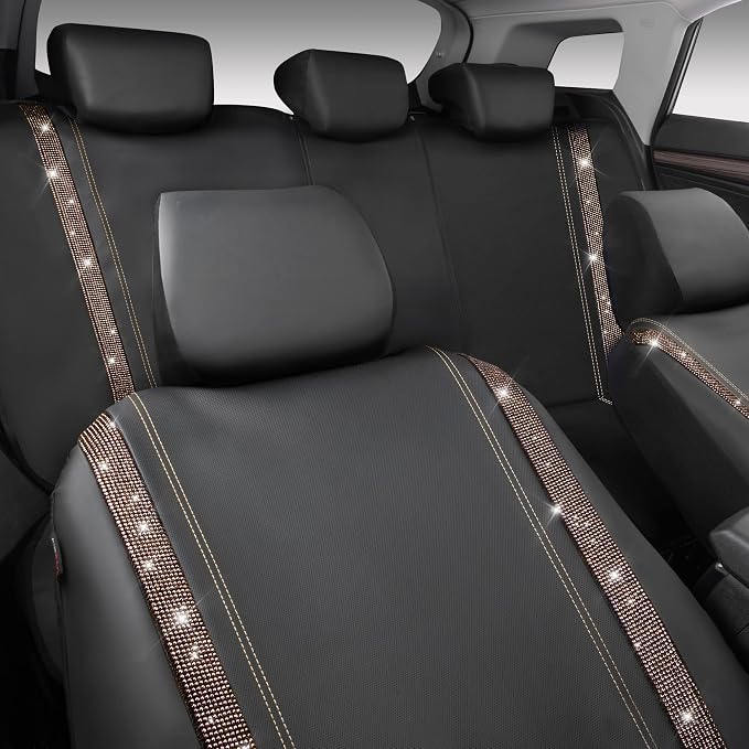 CAR PASS Bling Diamond Car Seat Covers Full Sets, Shining Rhinestone Waterproof Faux Leather, with Zipper, Universal Fit Automotive Glitter Crystal Sparkle Strips Cute Women Girl, Champagne Gold - Image 9