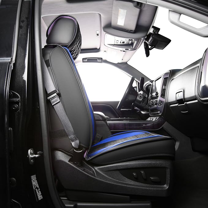 Chevy Silverado Seat Covers,Leather Seat Covers for GMC Sierra,Custom Fit 2007-2026 1500 2500HD 3500HD Crew Double Extended Regular Cab,LT LZT RST Trail Boss(Front Pair,Black Blue) - Image 7