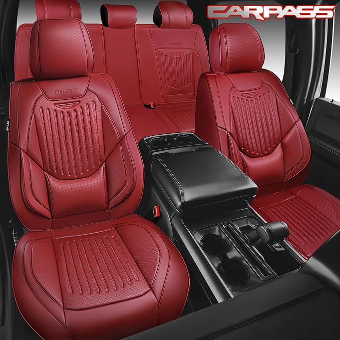 CAR PASS Luxury Nappa Leather Car Seat Covers Full Set, Lumbar Support Seat Covers for Car 5 Seats, Waterproof Car Seat Protector, Automotive Seat Covers Universal Fit for Sedans SUV Trucks Burgundy - Image 5