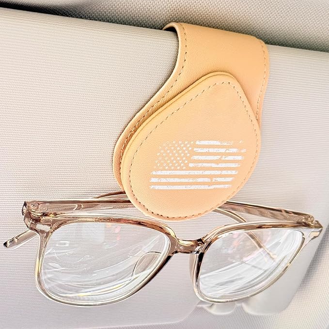 American Flag - Car Sunglass Holder, Magnetic Leather Eyeglass Hanger Mount Clip Holder for Car Visor Accessories (Beige) | Magnetic Leather - Image 6