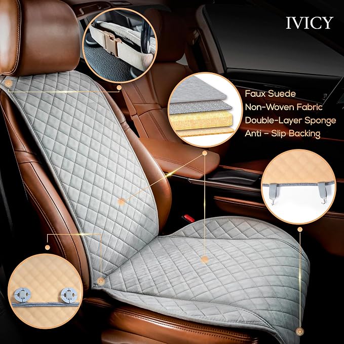 IVICY Faux Suede Front Car Seat Cover, Seat Protector, 1 Unit, Light Gray | Non-Slip Bucket Sear Cover for Most Cars, SUVs, Vans & Trucks – Machine Washable, Side-Airbag Friendly - Image 2