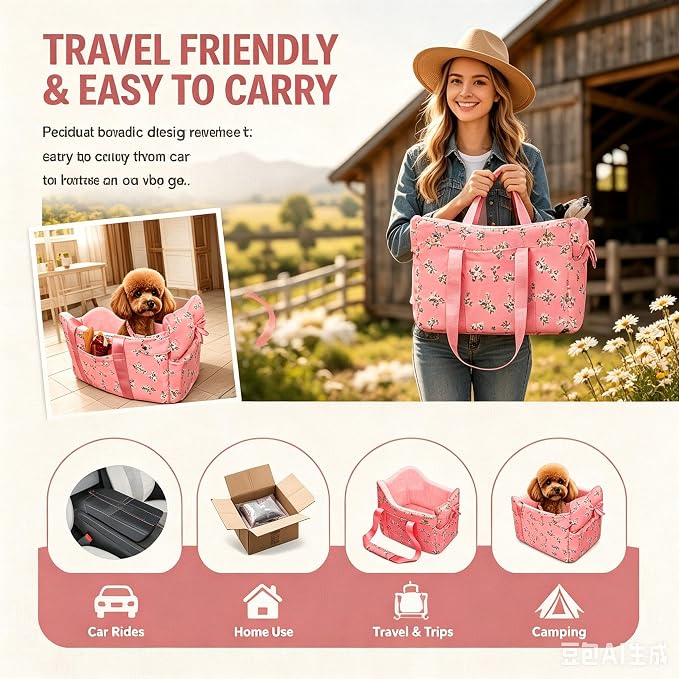 Console Dog Car Seat for Small Dogs Up to 11 Lbs, Pink Daisy | Portable Armrest Booster With Soft Cushion Safety Belt - Image 3