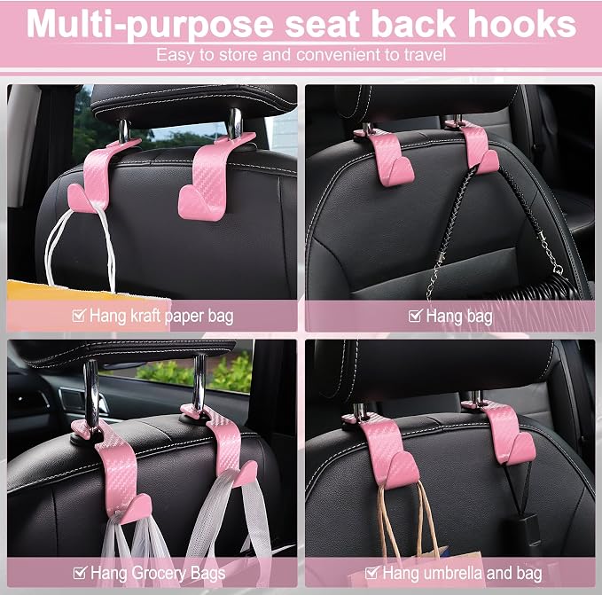 LivTee Car Purse Hook, Headrest Hook for Car, 4 Pack Universal Auto Car Seat Headrest Hook Hangers Organizer for Purse Coat Umbrellas Grocery Bags Handbag, Car Accessories - Carbon Fiber Pink - Image 5