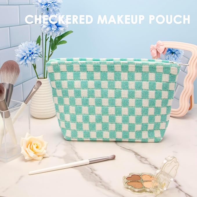 Checkered Makeup Bag for Purse, Small Flat Cosmetic Pouch,Arctic Blue | Cute Zipper Makeup Organizer for Women, Travel Essentials, Toiletries, Makeup Brushes, Beauty Accessories&Bridesmaid Gifts - Image 2