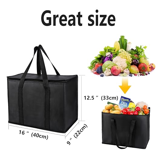 2 pack Additional Bottom Plate Black Insulated Grocery shopping bag , Delivery,pizza,reusable bags, Sturdy zipper,Collapsible,tote,cooler,thermal,Beach,waterproof heavy duty - Image 7