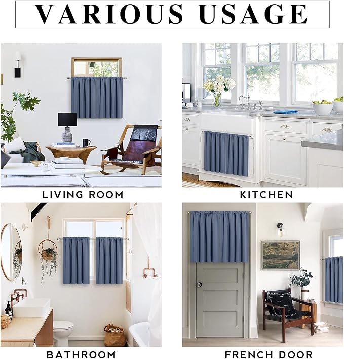 RYB HOME Short Blackout Privacy Curtains 30 inch Long for Bathroom Window | Thermal Insulated, Heat Blocking, Rod Pocket, Half Window Curtain Tiers for Nursery Bedroom, W42 x L30, Stone Blue, 2 Panels - Image 6
