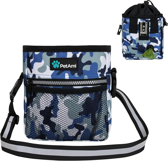 PetAmi Dog Treat Pouch, Pet Treat Pouch for Training, Dog Walking Bag Holder for Kibbles, Pet Food Toy, Dog Trainer Essentials Supplies, Poop Bag Dispenser, 3 Ways to Wear (Camo Blue) by PetAmi