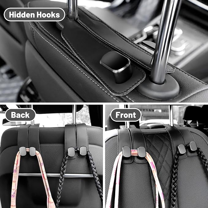 Amelity Car Hooks for Purses and Bags, Headrest Hooks 2 Pack | Durable Double Hook for Handbags, Groceries, Backpacks, Twin Hooks Car Headrest Hangers, Black Car Accessories for Women - Image 6