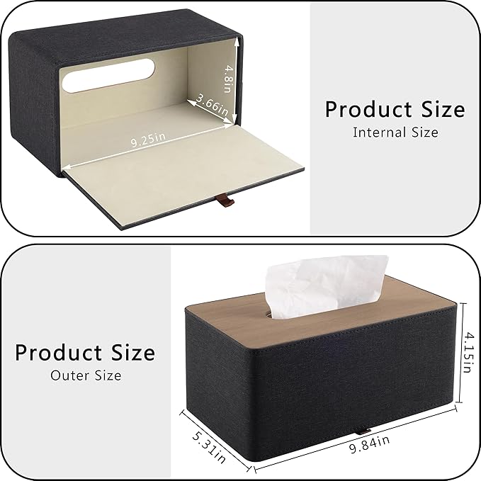 High-end Pu Leather Tissue Box Holder Two Color Combination-Linen and Wood Grain,Rounded Rectangle Napkin Paper Case Dispenser for Home Bathroom Dresser Offices Car Tissue Cover (Black) - Image 5