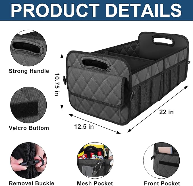 Deosk Trunk Organziers and Storage with Reinforced Handles,Car Accessories for Women/Men 50L Waterproof Polyester Trunk Organzier for Car/SUV/Minivan/Truck(Medium,Charcoal) - Image 3
