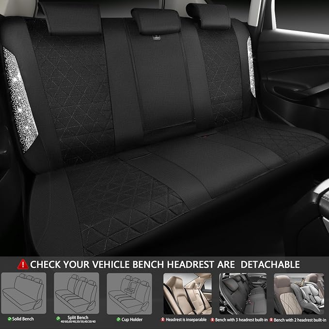 CAR PASS Oxford Bling Diamond Car Seat Covers Full Set Interior Sets, Waterproof Shining Glitter Sparkly Crystal Universal Armrest Fit 95% Automotive Truck SUV Cute Women Girl, Black Silver Rhinestone - Image 4