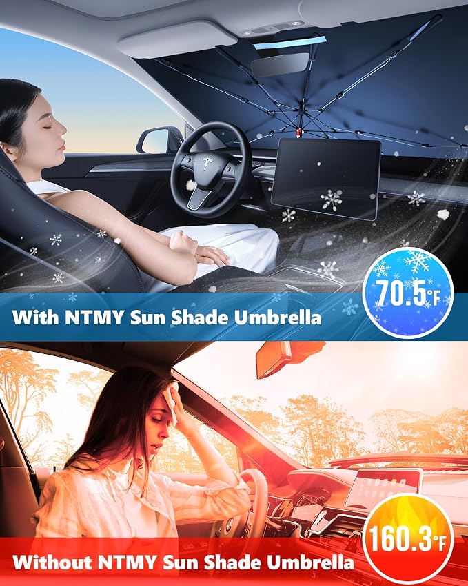 [2026 Upgraded] Windshield Sun Shade Umbrella for Car - [Vinyl Coating] Protect Car Interior from Sun Heat Damage Keep Cool, Sun Visor Cover Foldable Sunshade for Front Window (53" L X 29" W) - Image 2