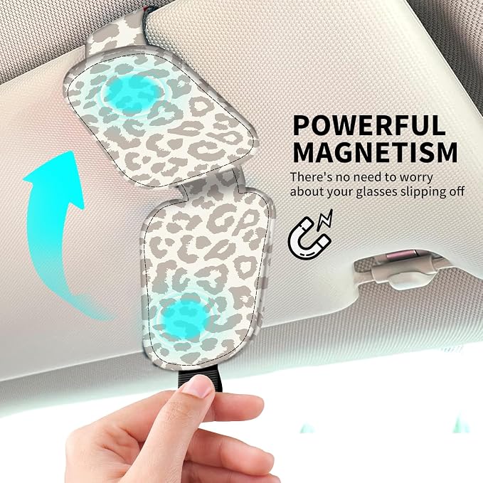 Leather Magnetic Sunglass Holder for Car Sun Visor, Cute Eyeglass Ticket Card Hanger Clip, Universal Auto Interior Accessories for SUV Pickup Truck Beige Leopard Print - Image 3