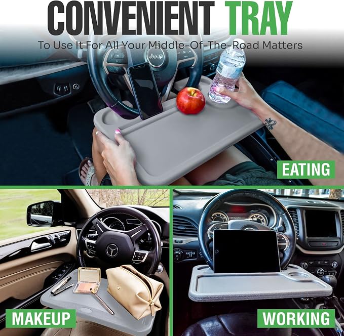 lebogner Steering Wheel Tray, Car Food Trays for Eating with Tablet Slot, Multipurpose Double-Sided Hook On Travel Auto Steering Wheel Desk Table for Laptop & Notebook with Cup Holder, Grey - Image 2