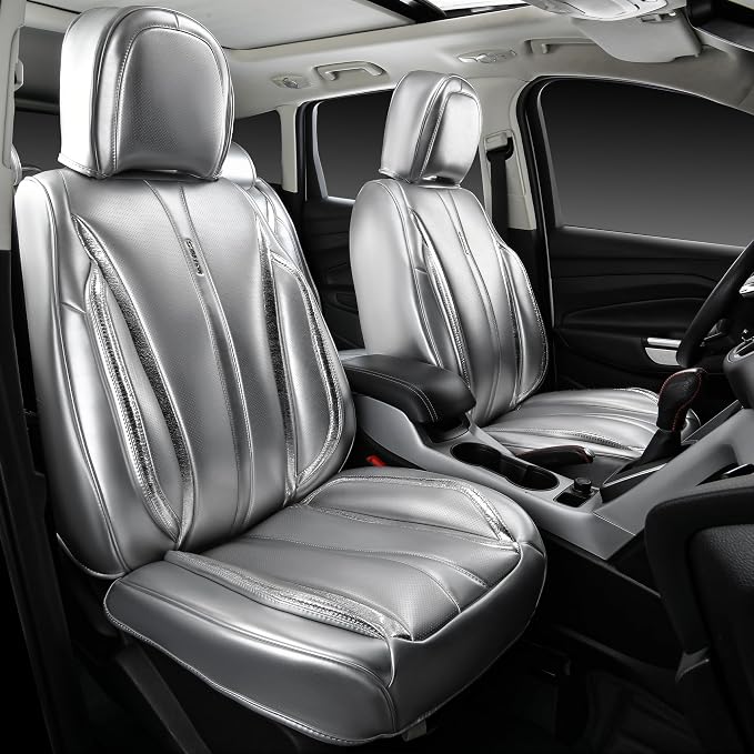 CAR PASS Ultra+ Nappa Leather Car Seat Covers Full Set Universal Cushioned, Soft Breathable Waterproof Anti-Slip Driver Seats and Backrest for SUV Pick-up Truck Sedan, 5 Seats Margiela Solid Silver - Image 2