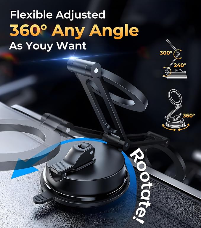 【Vacuum Suction Folding Car Mount】Magnetic Car Phone Holder for magsafe, Aerospace Alloy Arm, Best Dashboard/Windshield/Screen Holder for Your Car/Tesla/Gym/Mirror/Shower/Smooth Surface/iPhone - Image 5