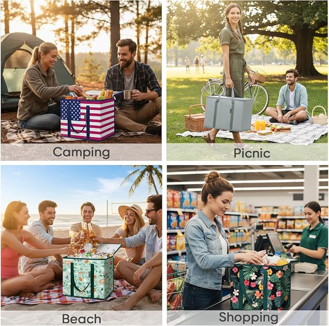 BALEINE 2Pk Insulated Reusable Grocery Bags, Collapsible Cooler Bag for Groceries, Heavy Duty Large Insulated Bag (16''x9''x13'', Spring Stroll) - Image 6