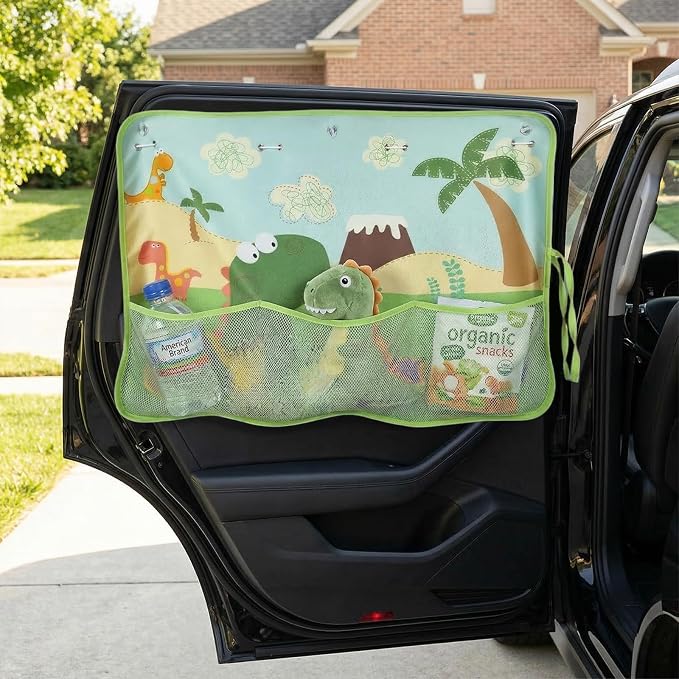 Car Window Shade for Baby, Car Sun Shade Curtain with Storage Pockets & Suction Cups, Cartoon Sun Blocker Blind for Side Windows, Blocks Heat, Privacy Cover for SUV Sedan (Green Dinosaur) by Unknown