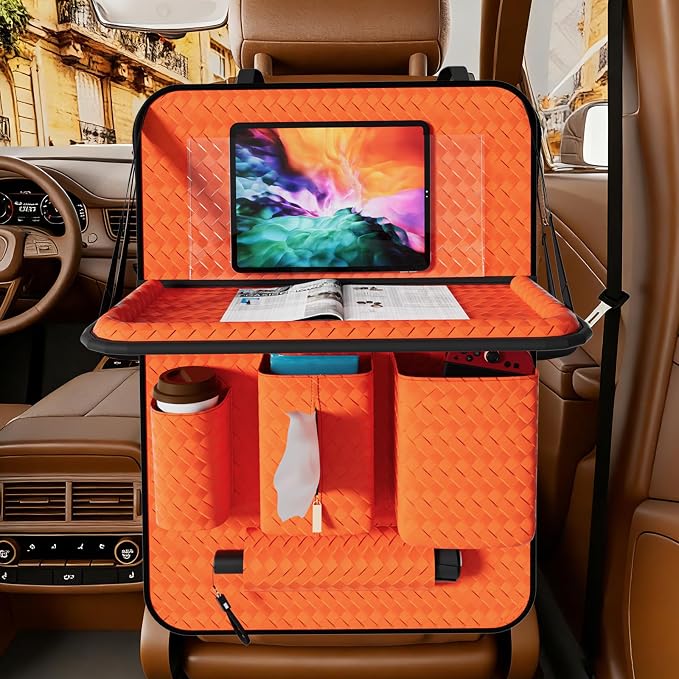 Car Back Seat Organizer, Black Woven Leather Storage Bag, Multifunctional Rear Seat Protector with Tablet Holder, 25.2x17.7 Inches, Abrasion Resistant, Orange - Image 2