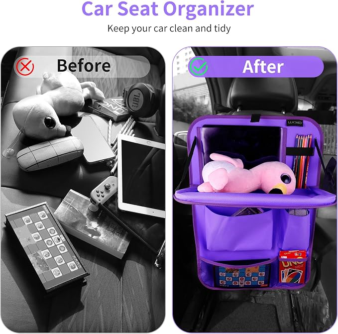 LUCMO Car Backseat Organizer with Foldable Tablet Holder, Dark Purple | 2 Pcs,6 Storage Pockets,Foldable Food Tray,Protectors Kick Mats,Travel Accessories,Seat Cover,Road Trip Essentials - Image 2